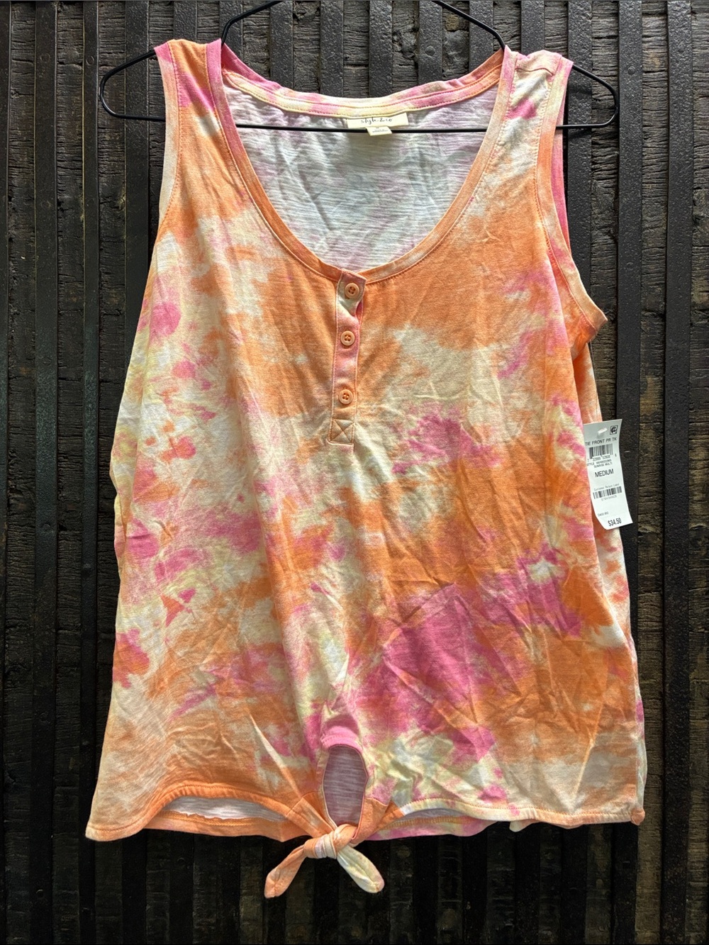 Style & Co. Orange and Pink Tie-Dye Tie-Front Tank